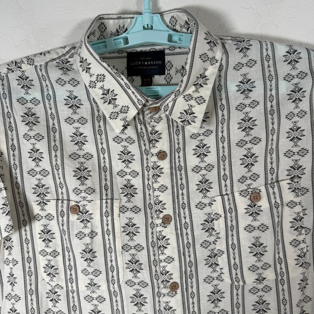 Lucky Brand Shirt Mens Medium White Linen Blend Button Up Aztec Print Beach
